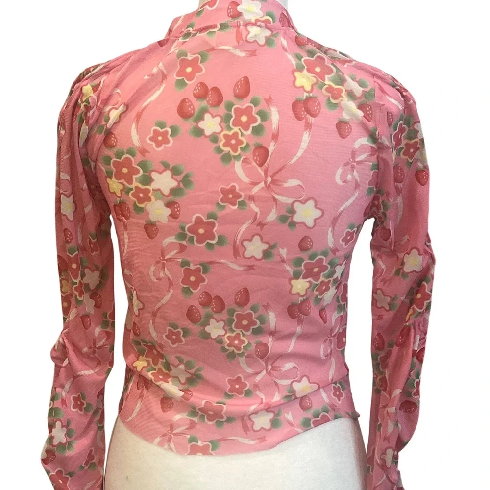 m.ARCHIVE Marchen Pink Strawberry‎ Floral Mesh Zipper Cutout Top M